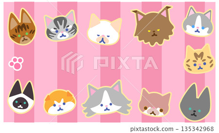一套可愛的角色插畫，包含各種貓臉 135342968