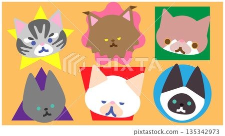 可愛的貓臉角色插畫，置於圖形邊框中 135342973