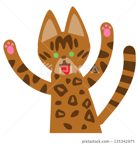 可愛的豹紋貓咪角色插畫，高興地舉起爪子 135342975