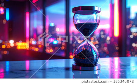 Glass Hourglass with Black Sand on Marble. Mental Mindfulness Concept. Generated Image 135343078
