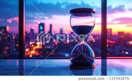 Glass Hourglass with Black Sand on Marble. Mental Mindfulness Concept. Generated Image 135343079