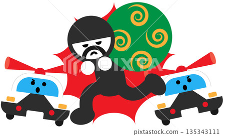 一幅可愛的插圖，描繪了一輛警車追捕罪犯和小偷的場景。 135343111