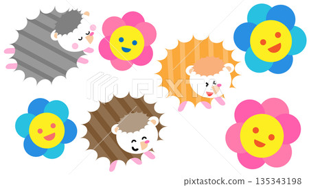 一組可愛的刺蝟插畫，周圍環繞著鮮花。 135343198