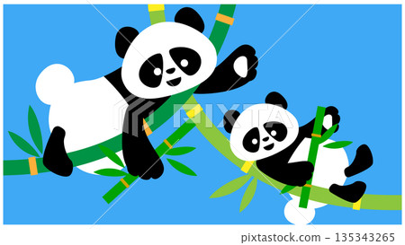 一幅可愛的插圖,描繪了一隻熊貓媽媽和小熊貓懸掛在竹子上。 一幅可愛的插圖,描繪了一隻熊貓媽媽和小熊貓懸掛在竹子上。 135343265
