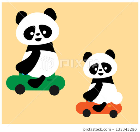 一幅可愛的熊貓媽媽和小熊貓乘車插圖 135343280