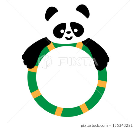 可愛的熊貓抓住游泳圈的插圖 135343281