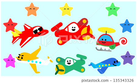 Illustration of cute vehicle characters lined up with stars Illustration of cute vehicle characters lined up with stars 135343326