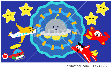 Illustration of cute vehicle characters flying around a UFO 135343329