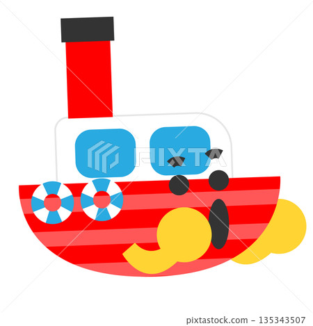 可愛的船體角色插圖，帶有煙囪 135343507