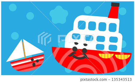 可愛的船舶角色插圖,圖中有一排大小不一的船。 可愛的船舶角色插圖,圖中有一排大小不一的船。 135343513