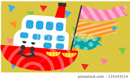 Illustration of a cute ship character holding a flag Illustration of a cute ship character holding a flag 135343514