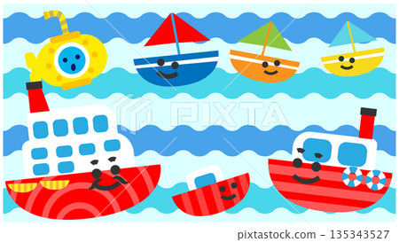 可愛的船隻和潛水艇插圖背景，漂浮在海面上 135343527