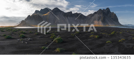 The Stokksnes Peninsula features the Vestrahorn mountains, a black sand beach with green grass, and a partly cloudy sky under soft sunlight. 135343635