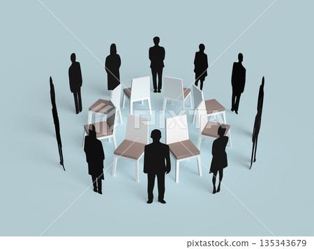 Silhouettes of men and women playing musical chairs 3D illustration Silhouettes of men and women playing musical chairs 3D illustration 135343679