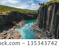 Studlagil Canyon in Iceland features basalt columns, a turquoise river, and a viewing platform. Lush greenery and a clear blue sky complete the scene. 135343742