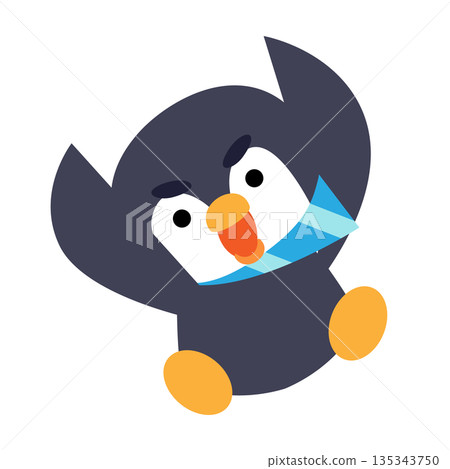 一隻戴著圍巾的可愛企鵝的插圖，它摔倒了。 135343750