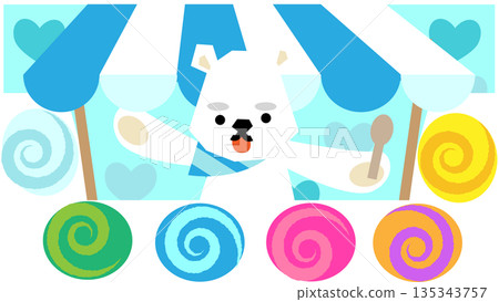 一幅可愛的插圖，描繪了一隻在糖果店工作的北極熊。 135343757