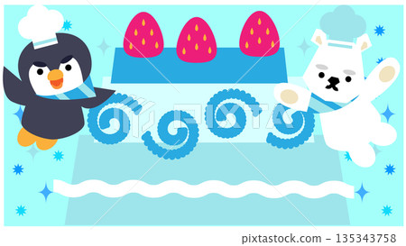 一幅可愛的奇幻插畫，描繪了企鵝和北極熊在冬日天空中飛翔的景象。 135343758