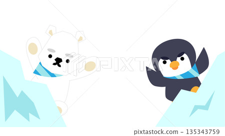 一幅可愛的插圖，描繪了北極熊和企鵝在冰山上玩耍的場景。 135343759