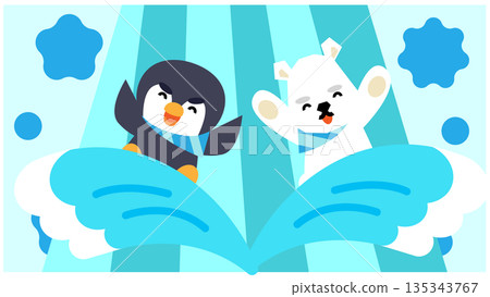 Cute illustration of a penguin and polar bear jumping on a cloud 135343767