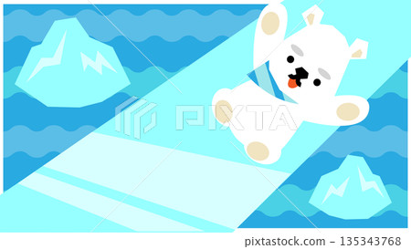 一幅可愛的冬季插畫，描繪了一隻北極熊從冰滑梯上滑下來的場景。 135343768
