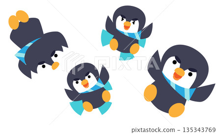 一組可愛的企鵝角色插畫，描繪了它們各種不同的姿勢。 135343769