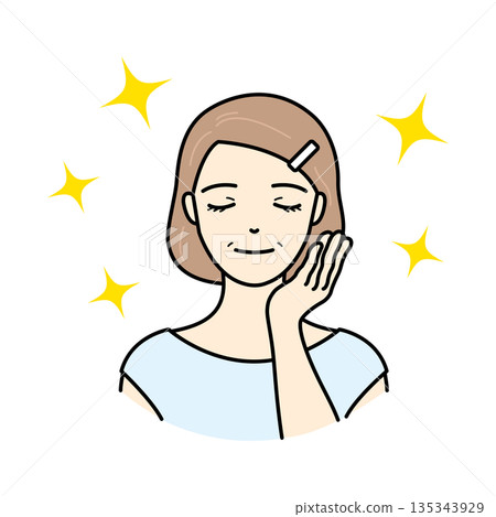 Illustration of a senior woman delighted with her glowing skin after completing her skincare routine Illustration of a senior woman delighted with her glowing skin after completing her skincare routine 135343929