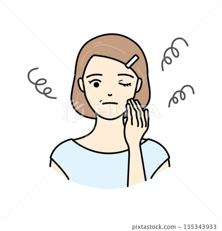 插圖描繪了一位老年婦女因衰老而出現皮膚粗糙和各種皮膚問題。 135343933