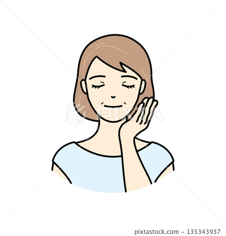 Illustration of a senior woman with a satisfied expression after completing skin care Illustration of a senior woman with a satisfied expression after completing skin care 135343937