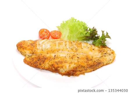 White fish meunière, Pangasius, fish dish, light background 135344030