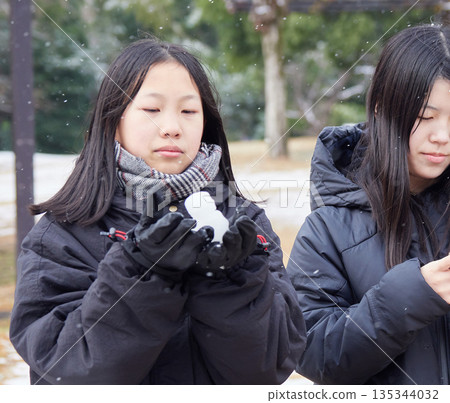 Two little sisters having fun playing a snowball fight in a snowy park on a winter morning 135344032