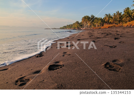Black sand beach at sunset with gentle waves and footprints under natural light offering copy space for serene tropical vacation vibes 135344153