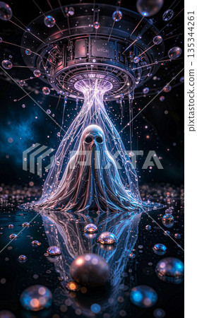 Spectral entity in a cosmic beam. A spectral figure shrouded in flowing, translucent fabric stands beneath a hovering, saucer-like device emitting a cascade of light beams. Spectral entity in a cosmic beam. A spectral figure shrouded in flowing, translucent fabric stands beneath a hovering, saucer-like device emitting a cascade of light beams. 135344261