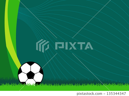 Background for a soccer banner in shades of green with a ball on the grass and space for text 135344347