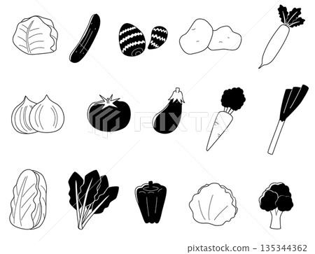 Illustration set of 15 designated vegetables in black and white 135344362