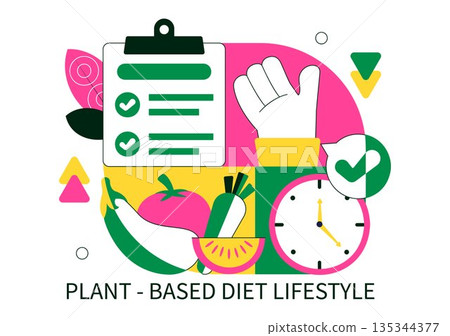 Plant Based Diet Lifestyle Vector Illustration For Healthy Vegan Nutrition, Sustainable Living, Natural Food in a Cartoon Background 135344377