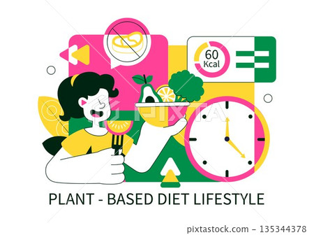 Plant Based Diet Lifestyle Vector Illustration For Healthy Vegan Nutrition, Sustainable Living, Natural Food in a Cartoon Background 135344378