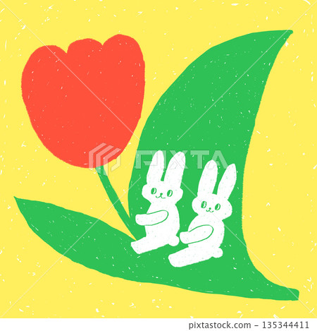 Friendly rabbits riding on red tulips (yellow background) Hand-drawn style gentle cartoon illustration Friendly rabbits riding on red tulips (yellow background) Hand-drawn style gentle cartoon illustration 135344411