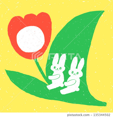 Friendly rabbits riding on red tulips (yellow background with round frame) Hand-drawn style gentle cartoon illustration Friendly rabbits riding on red tulips (yellow background with round frame) Hand-drawn style gentle cartoon illustration 135344502