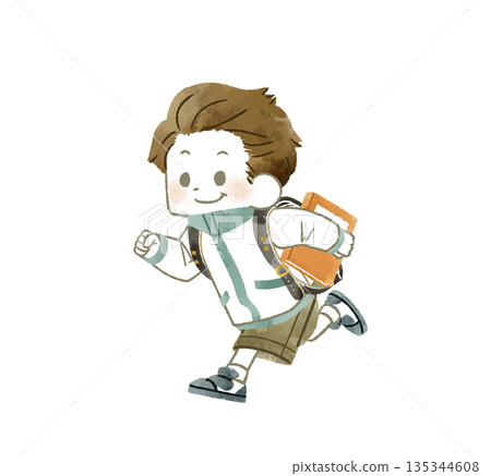 Elementary school student running with a book - watercolor Elementary school student running with a book - watercolor 135344608
