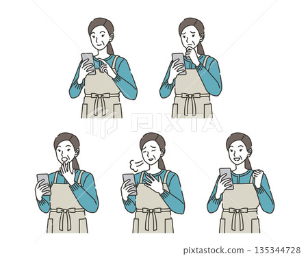 Set of facial expressions of housewives looking at smartphones Set of facial expressions of housewives looking at smartphones 135344728