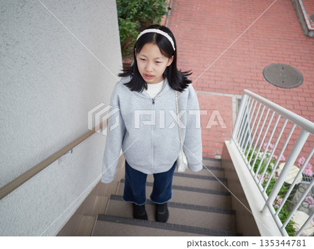A junior high school girl on the stairs of a house on a winter holiday morning A junior high school girl on the stairs of a house on a winter holiday morning 135344781