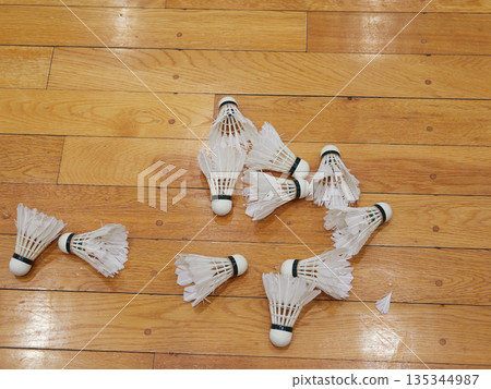 A large number of badminton shuttlecocks on the gymnasium floor 135344987