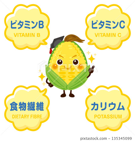 Illustration of corn character and ingredients contained in corn Illustration of corn character and ingredients contained in corn 135345099