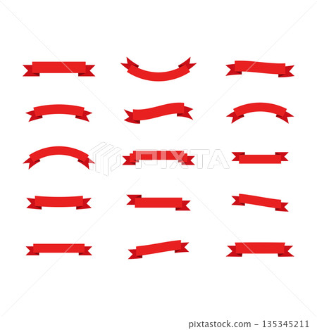 Collection of Red Ribbons in various shapes of ribbons Design Elements on white background 135345211