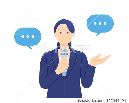 A woman holding a microphone. A vector illustration of a female announcer making comments in the news or an interview. 135345494