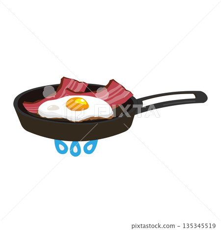 Illustration of bacon and eggs frying in a frying pan 135345519