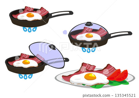 一組用煎鍋烹調的培根和雞蛋的插圖 一組用煎鍋烹調的培根和雞蛋的插圖 135345521