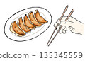 Gyoza hand-drawn illustration of a hand holding chopsticks 135345559