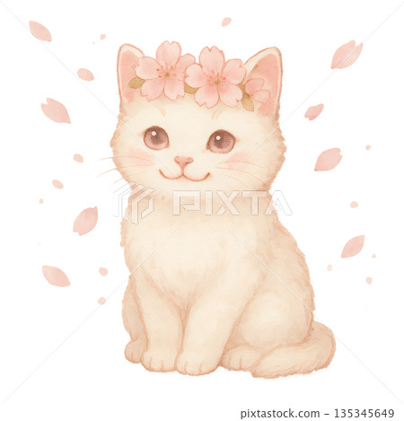Spring white kitten illustration with cherry blossom petals and a gentle, soothing atmosphere Spring white kitten illustration with cherry blossom petals and a gentle, soothing atmosphere 135345649